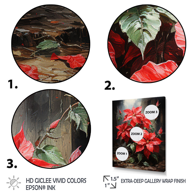 «Red Poinsettias Holiday Velvet Patchwork II» - reproduction d'art sur toile florale et botanique, H 32 po x l 16 po x P 1 po