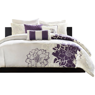 Housse de couette 6 pièces pour lit double / grand, literie en coton imprimé floral, housse, 2 taies décoratives, 3 coussins, fermeture à boutons, attaches de coin, broderie douce, lavable à la machine, gris / pêche, gris taupe / mauve