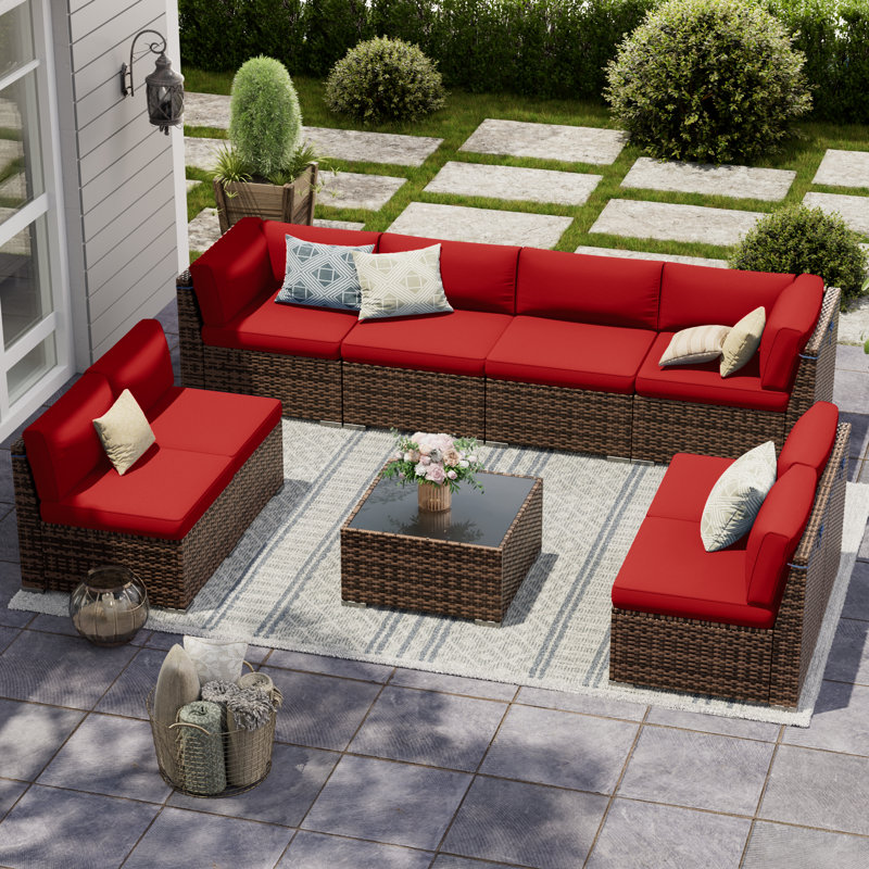 Avamay Rattan Sectional Seating Group with Cushions, Burgundy Performance Microfiber, No