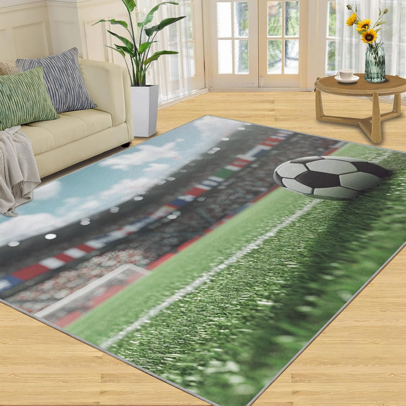 Soccer Field Area Rug, Washable Non-Slip Sports Theme Carpet, Foldable Faux Cashmere Rug for Bedroom, Living Room, or Entryway