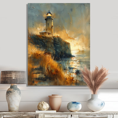 Grey Brown Stormy Cliff Summer Lighthouse I - Lighthouses Wall Art Living Room