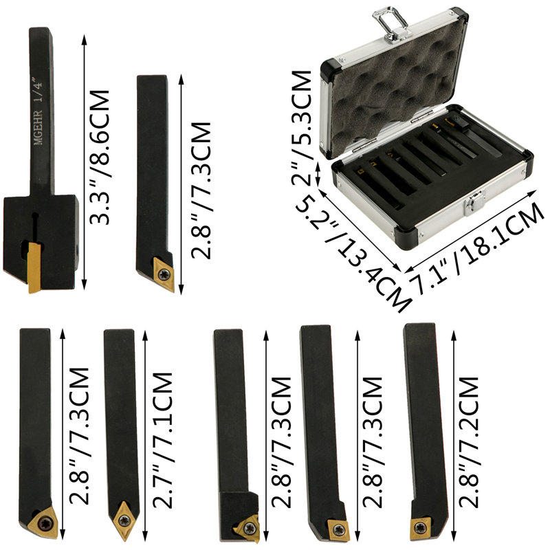 Indexable Carbide Tools 1/4" Industrial Lathe Tools 7Pcs/Set Turning Tool Set