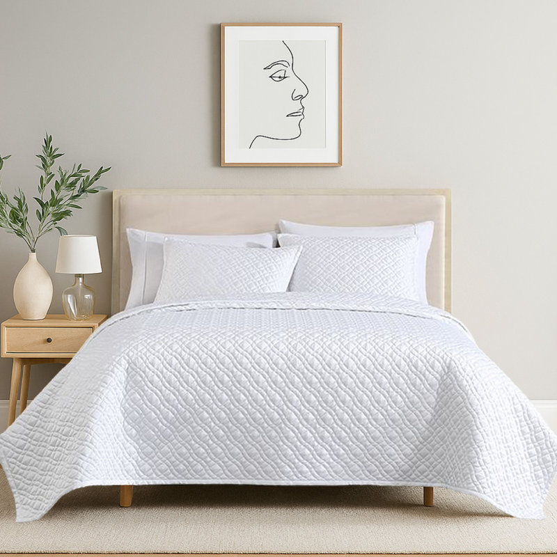 Ensemble de couvre-lit 3 pièces Keo, réversible, taies décoratives, tissu soyeux bleu ciel, Blanc
