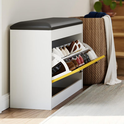 31.5" Shoe Storage Bench with Flip Drawer & PU Cushion, Modern Entryway Shoe Organizer for Small Spaces