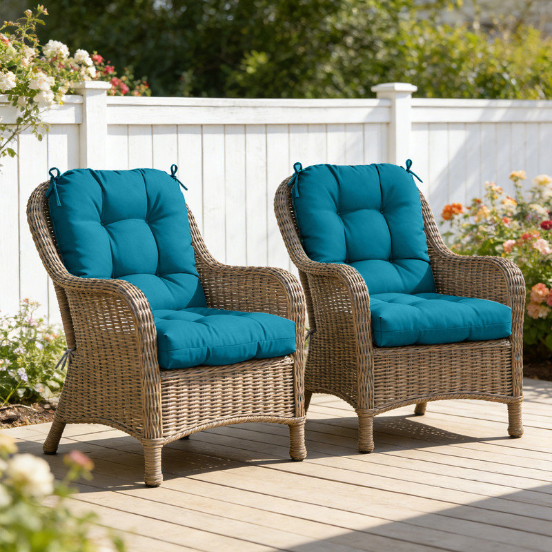 2 Piece 4" Thick Chair Cushion Indoor and Outdoor Seat / Back Cushions with Straps, Peacock Blue