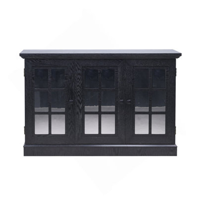 Armoire de rangement l 45 po avec 3 portes en miroir en acrylique, buffet avec tablettes réglables pour le salon, la salle à manger, la cuisine, les stratifiés décoratifs noirs et un buffet en panneau de fibres à densité moyenne avec porte magnétique