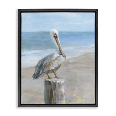 Pelican Perched on Coast Black Framed Floater Canvas Wall Art by Danhui Nai