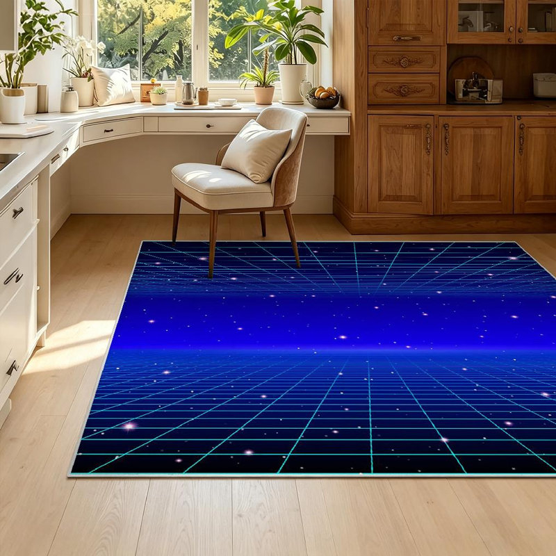 Tapis d'intérieur bleu néon avec grille et étoiles lavable à la machine, Rectangle 55" x 79"