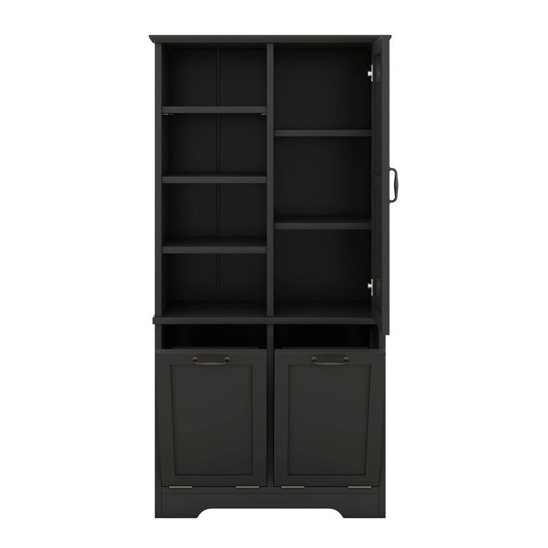 68" H Wood Bathroom Storage Cabinet With Doors, 2 Tilt-Out Laundry Hamper, Open Shelve, Adjustable Shelf, Black