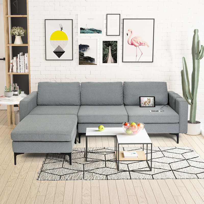 Boose Upholstered L-Shaped Sectional with Ottoman Left Hand Facing, Gray Linen