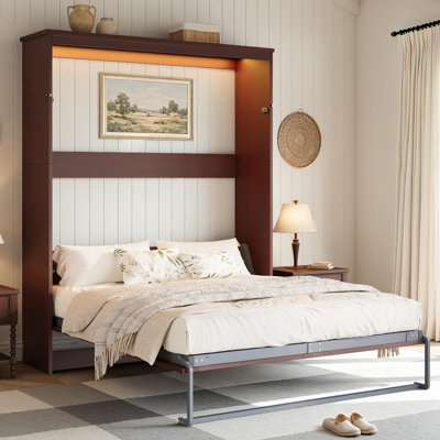 Lit escamotable Queen Size de style ferme avec éclairage DEL et station de recharge, lit pliant mural dissimulé, noyer