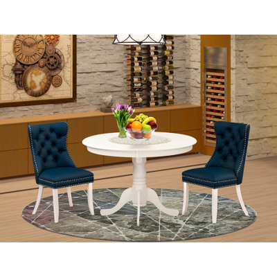Ensemble de table de salle à manger 3 pièces comprenant une table de cuisine ronde avec piédestal et 2 chaises rembourrées, lin blanc