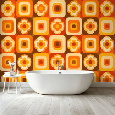 Peel and Stick Wallpaper Wall Mural 70s Retro Seamless Orange Brown Yellow Beige 60s 70s Retro style Wall Art Self Adhesive and Removable