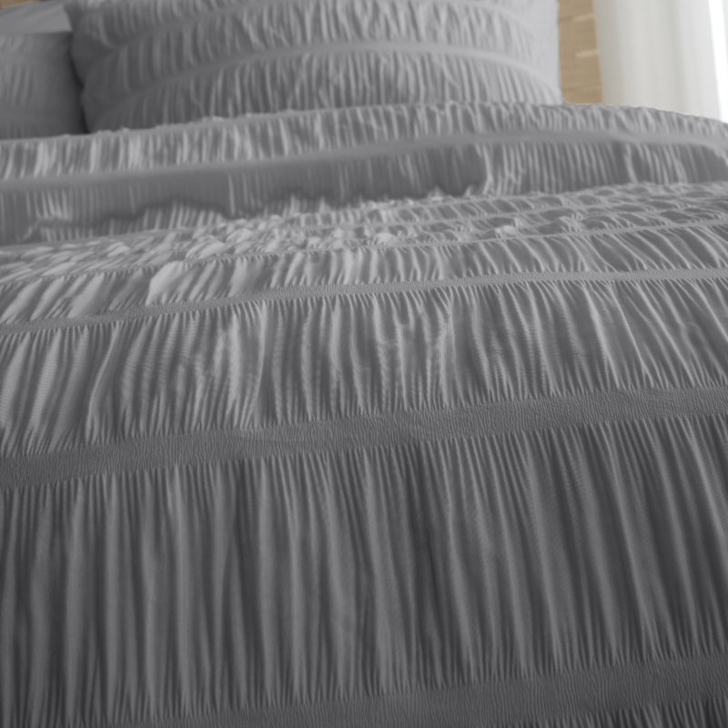 Seersucker Duvet Cover Set with Pillowcases, Grey, Double Duvet Cover + 2 Standard Pillowcases