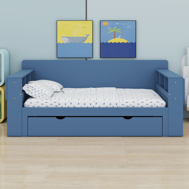 Lit de jour avec bureau amovible, tiroirs de rangement et table d'appoint hydraulique, Bleu, Double