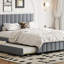 Grand lit plateforme tapissier en velours avec 2 tiroirs et 1 lit gigogne simple TG - gris-124438773