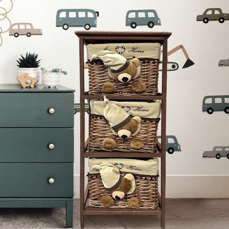 Jhavon 3 Drawer Wooden Cabinet with Wicker Storage Baskets and Brown Bear Design for Home Organization