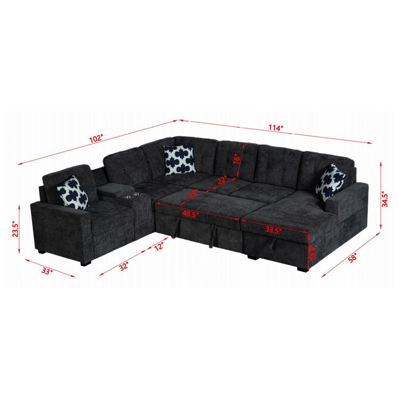 Canapé modulaire 3 places avec méridienne réversible, repose-pieds avec rangement, pieds en métal et clous en cuivre, deux coussins blancs, noir (102 po x 76 po x 35 po)