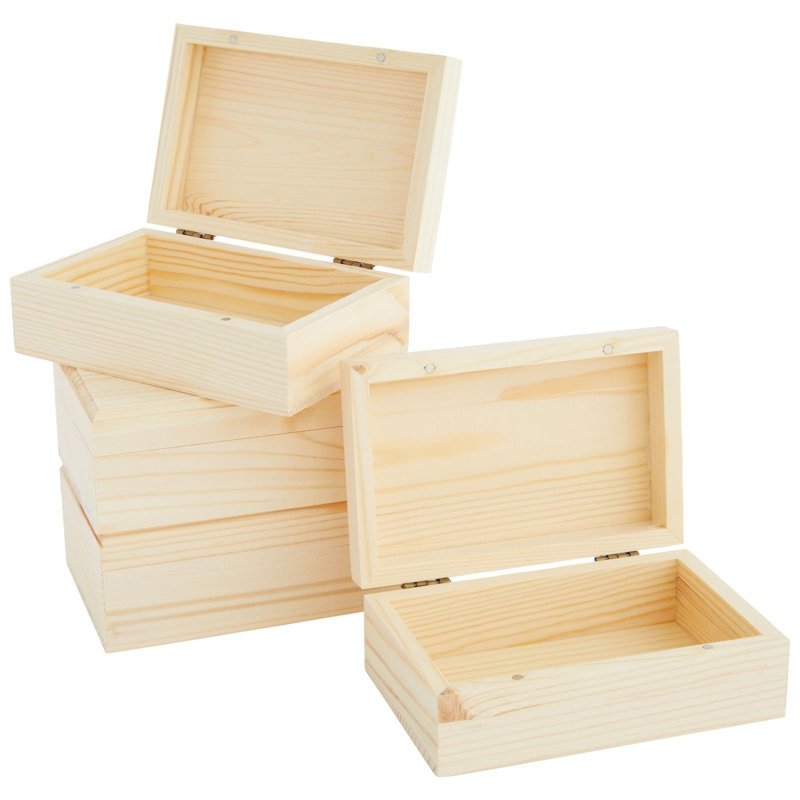 Boîtes en bois - paquet de 4, bois de pin non fini 5,5 po x 3,5 po x 2 po - Boîte en bois avec couvercle magnétique à charnières - Bricolage et rangement