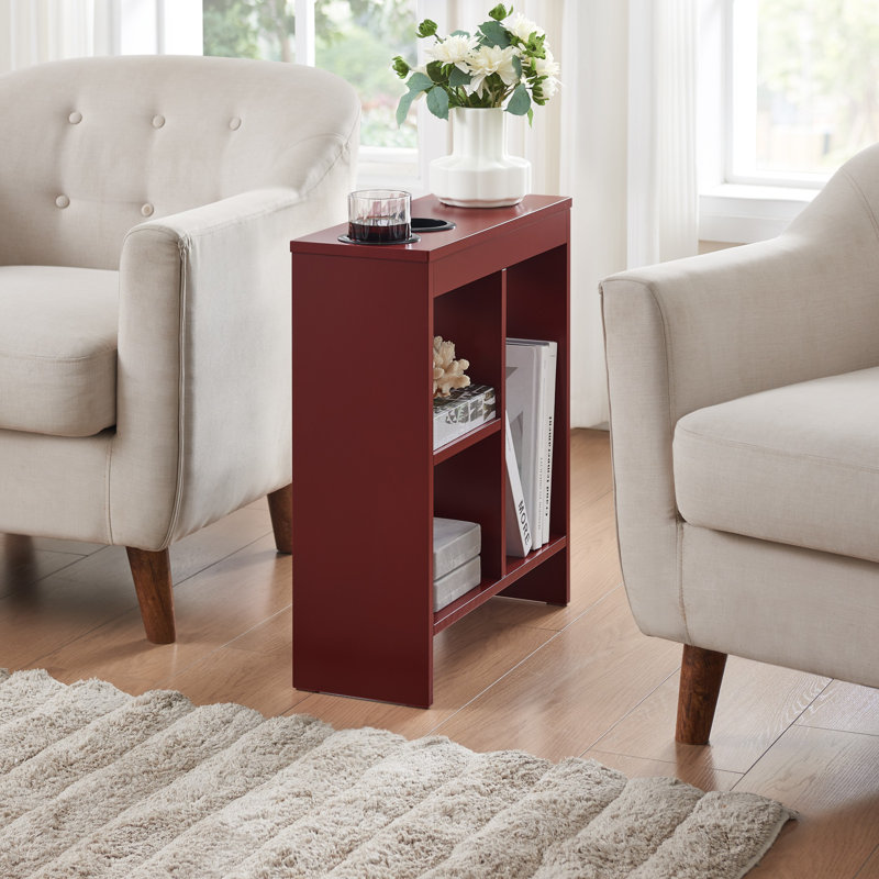 Table d'appoint étroite avec 2 porte-gobelets et 3 tablettes, table de bout mince pour petits espaces - rouge, Rouge