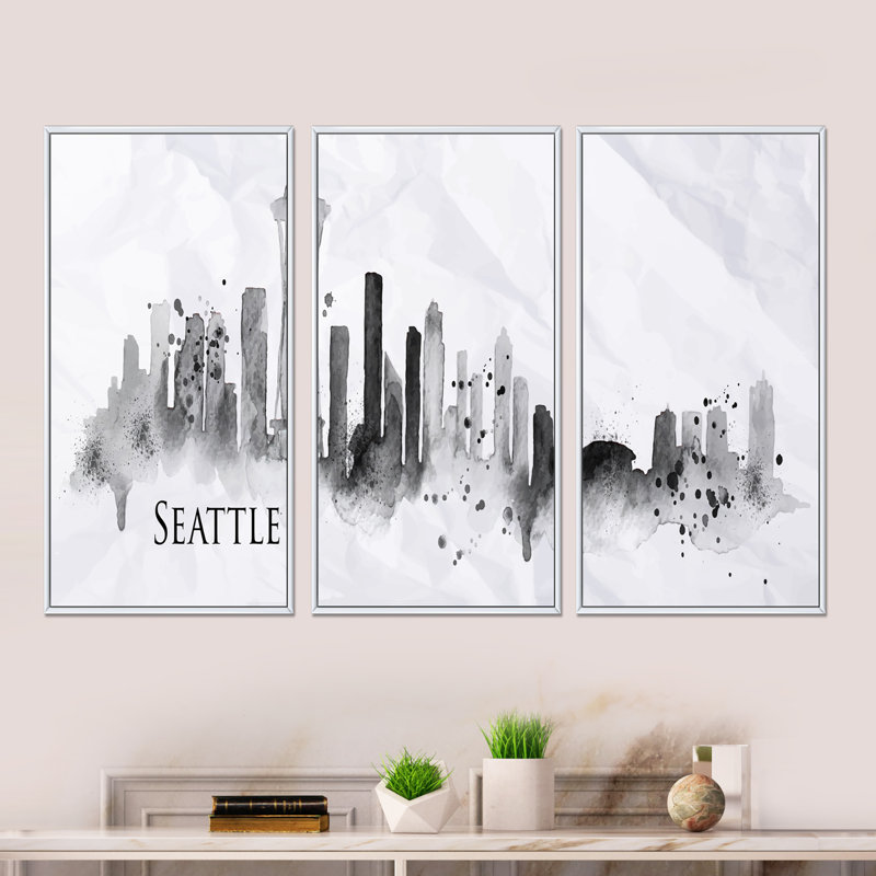 «Seattle Black Silhouette - Cityscape», ensemble d'art mural sur toile, H 32 po x l 48 po x P 1 po, Cadre blanc