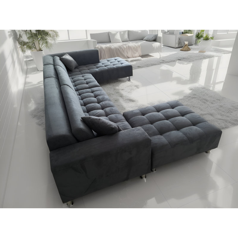 Canapé modulaire en microfibre avec repose-pieds Behadil, Accoudoir à droite (vu de face), Microfibres et suédine gris foncé