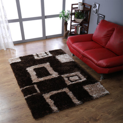 Aluino Hand Tufted Shag Polyester Eco-Friendly Area Rugs - Rectangle, Brown Beige Color, Geometric Modern Design, High Pile Thick Handmade Anti Skid Area Rugs for Living Room, Bed Room