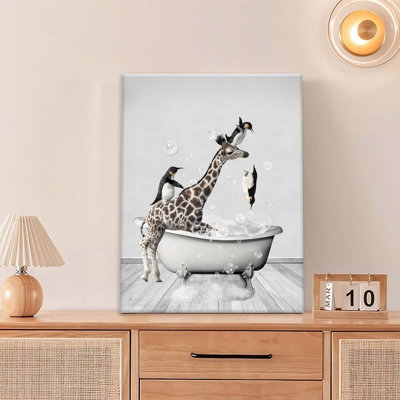 Girafe, art mural drôle de salle de bain, impression sur toile noir et blanc, œuvre d'art encadrée, décorations de bureau à domicile pour salle de bain