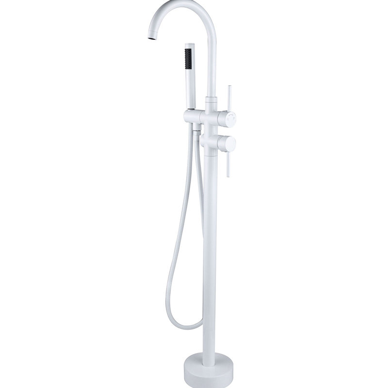 Freestanding Bathtub Faucet With Hand Shower - White Metal. 46.78In Depth, 6.6In Width. Strong And . Full Body Spray For Memorable Bathroom. Enhance Bathroom Appeal Metal Shower. 46.78" 6.6"
