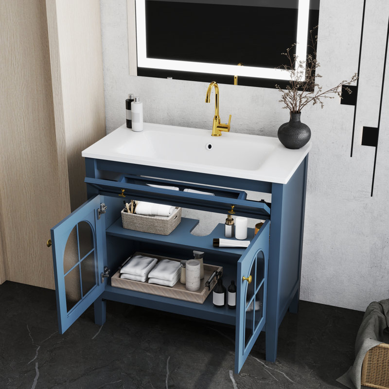 36"Mid-Century Bathroom Vanity with Motion-Sensor Light & Patterned Glass,Farmhouse Sink Cabinet with Storage, High-End Restroom Vanity
