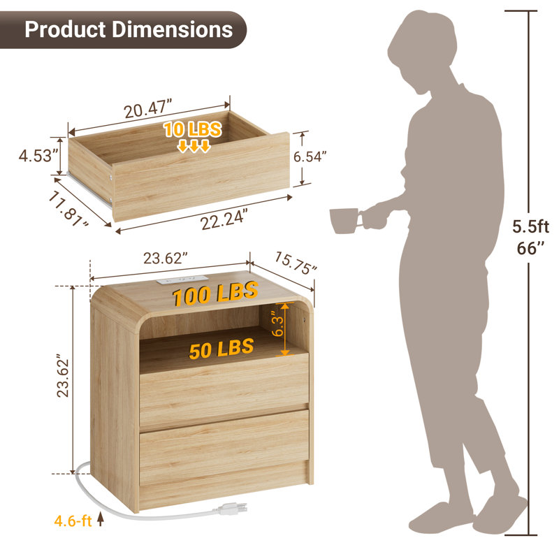 Ensemble de table de chevet moderne 24 po avec 2 lumières DEL et station de charge, 2 tables de bout sans tiroir avec tablette ouverte, profil incurvé, table d'appoint pour chambre à coucher, salon