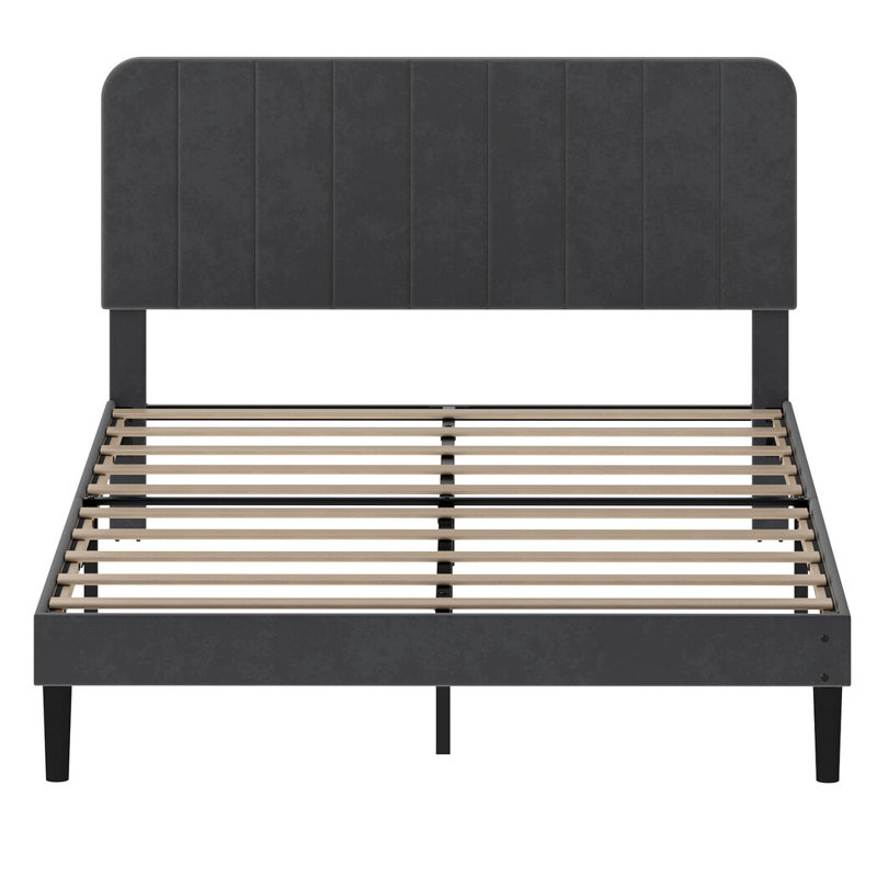 Double Bed Frame with Adjustable Headboard Velvet Upholstered, Dark Grey