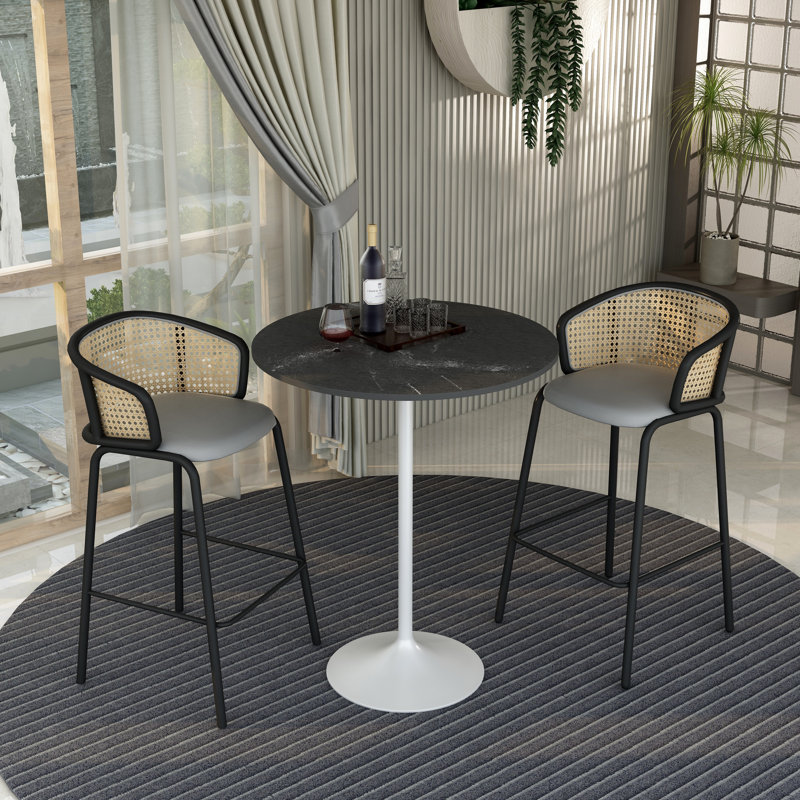  Table de salle à manger ronde de 36 po de hauteur avec plateau en panneau de fibres à densité moyenne et base en acier blanc