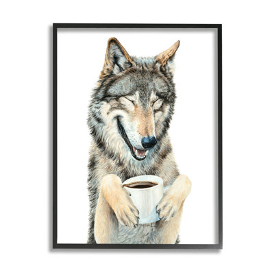 «Laughing Wolf with Coffee» par Holly Siment - cadre flottant, impression sur bois