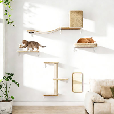 5-piece Wall Mounted Cat Furniture With Cat Tree & Scratching Post(Beige)