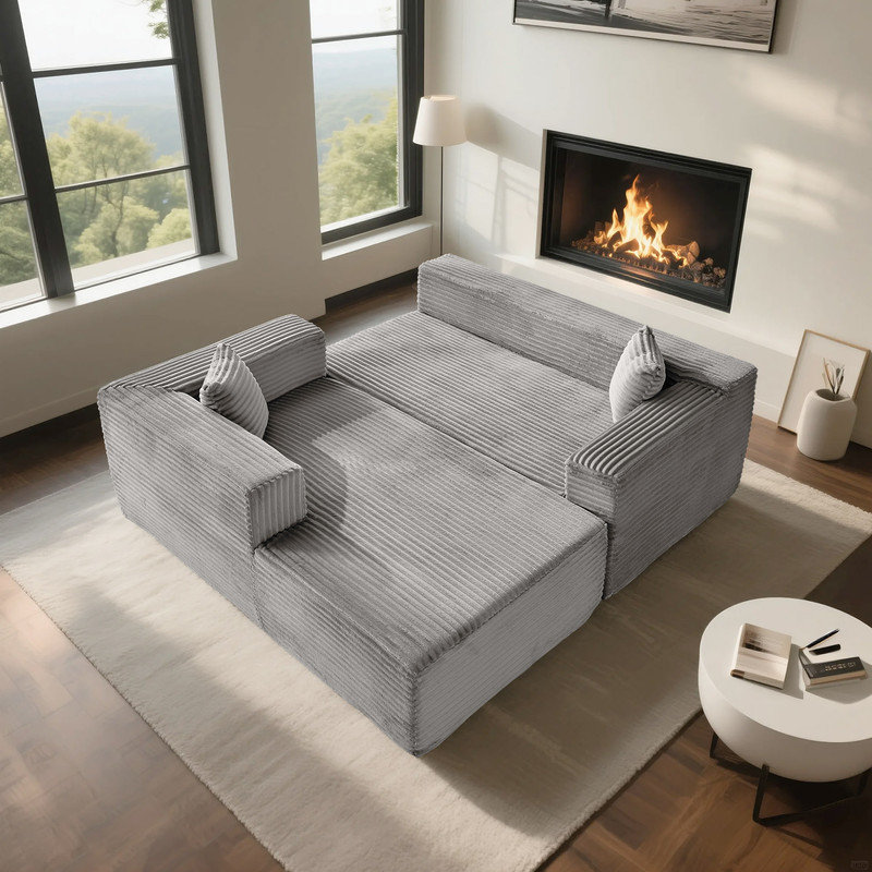 Boneless Modular Corduroy L-Shaped Sectional Sofa with Minimalist Design, Gray Corduroy