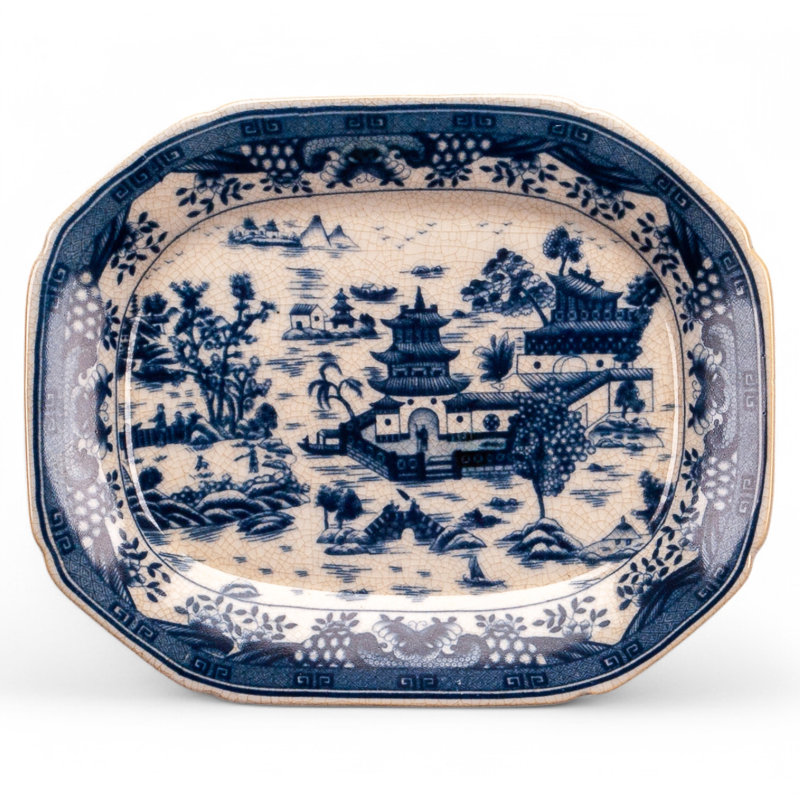 Porcelain Platter Blue and White Willow 14.5inL, 1.5" H x 10.5" W x 8.5" D