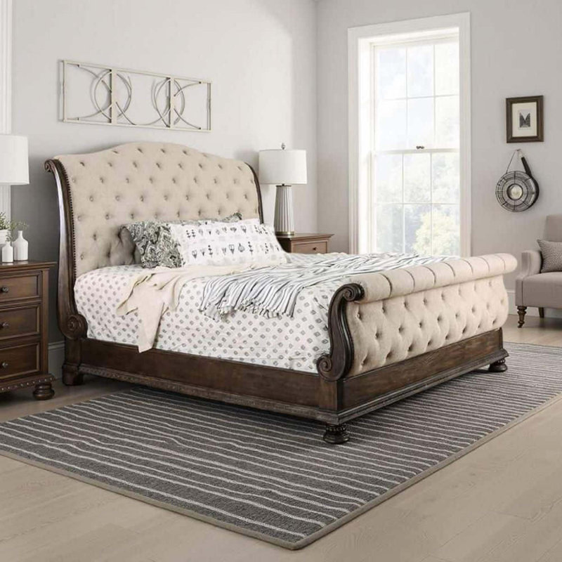 Lit-bateau touffeté en tissu de taille grand lit rustique 1pc, Grand lit