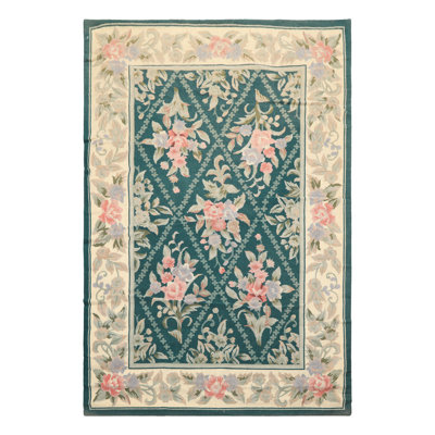 Tapis floral bleu sarcelle en laine tissé à la main 4 x 6