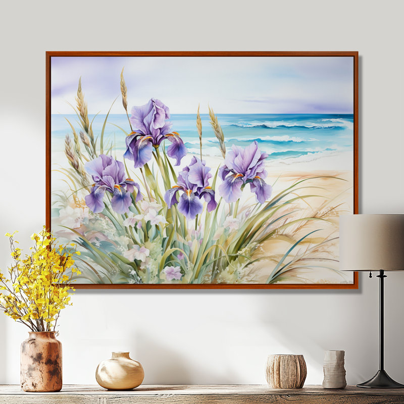 «Mauve iris sur la plage II», reproduction d'art sur toile, H 24 po x l 32 po x P 1 po, Cadre flottant brun