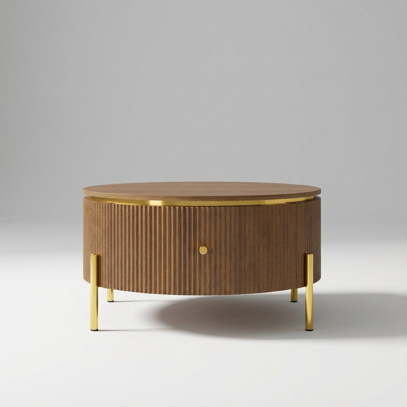 Table basse ronde moderne avec deux grands tiroirs de rangement et des pieds décoratifs en métal