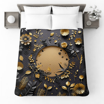 Couvre-lit matelassé à motif floral doré noir toutes tailles