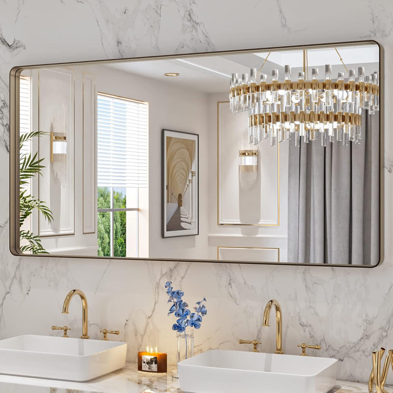 Miroir de salle de bain 60 po x 30 po pour meuble-lavabo en bronze, miroir rond en métal brossé à finition bronze brossé, antirouille, verre trempé, à suspendre horizontalement ou verticalement