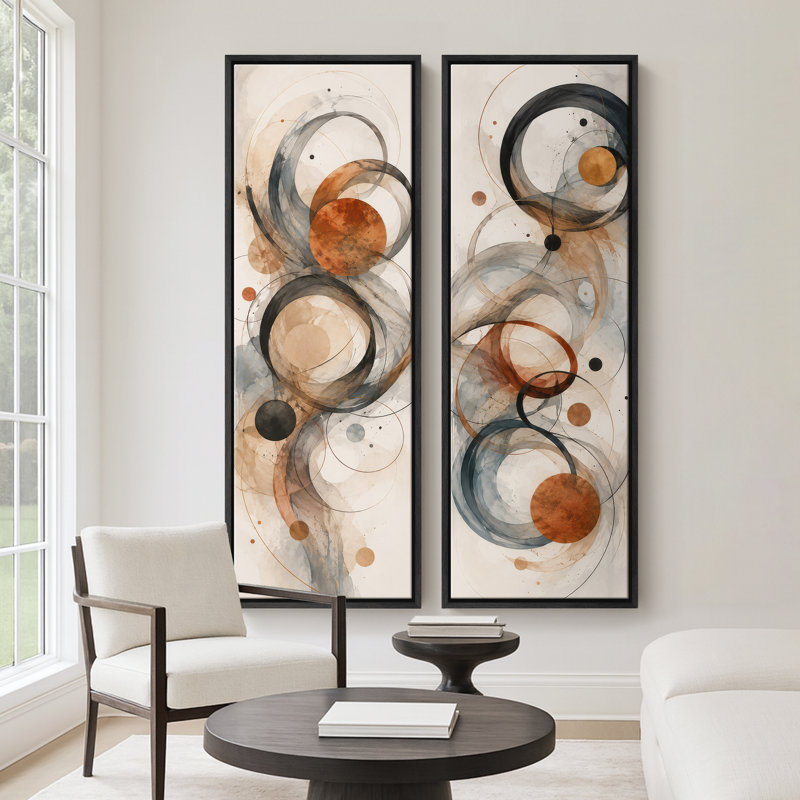 Ensemble de 2 impressions encadrées sur toile, motif abstrait de cercles superposés noirs, gris et orange rouille – 152 x 51 cm (60 x 20 x 2 pouces)