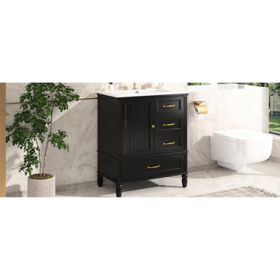 Meuble-lavabo de 76 cm avec lavabo, en bois, tiroirs à fermeture amortie, fonctionnement silencieux, style rétro, autoportant, noir