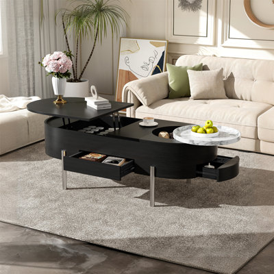 47.2"" Modern Oval Lift Top Coffee Table With 360° Marble-Patterned Rotating Tray, Hidden Compartment & 3 Drawers -  Ivy Bronx, 6C43007986634D77924DB4E78FA0AE7C