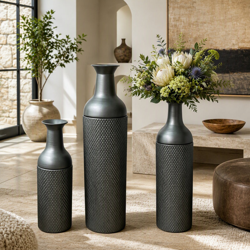 Decorative Metal Vases Set of 3 Leaf Pattern Floor Vases Honeycomb Texture Lidded Tabletop Accent with Removable Top