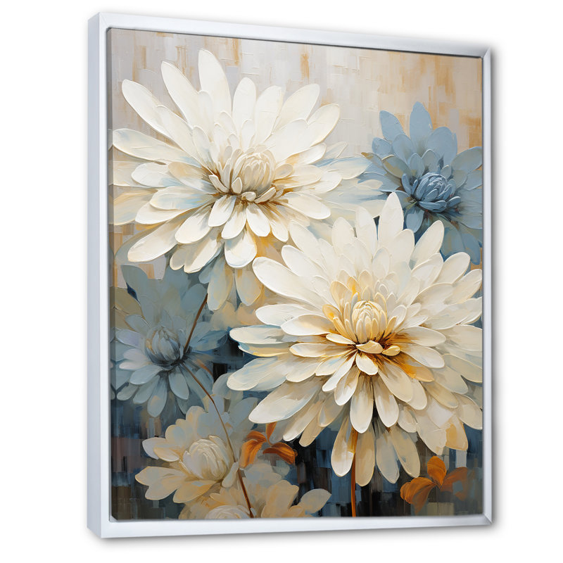 «Mums», peinture beige sur fond blanc et bleu sur toile, Cadre flottant blanc, H 20 po x l 12 po