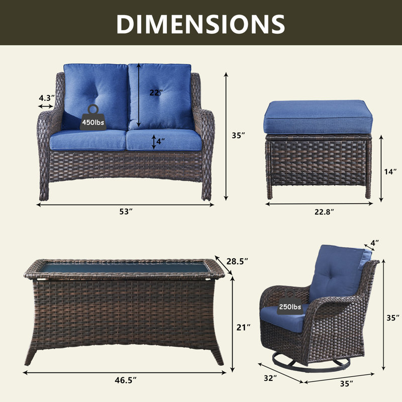 Ensemble de conversation pour 4 personnes avec coussins, Structure brune / coussin bleu