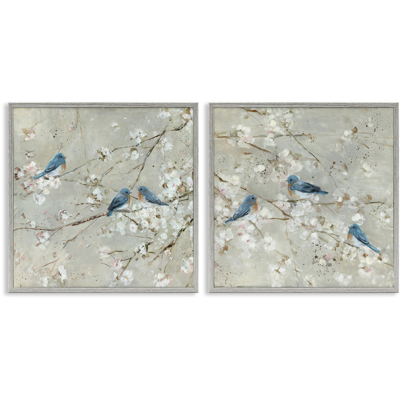 Oiseaux bleus perchés, arbre, fleurs, scène de printemps, Estampe numérique Farmhouse, H 17 po x l 17 po